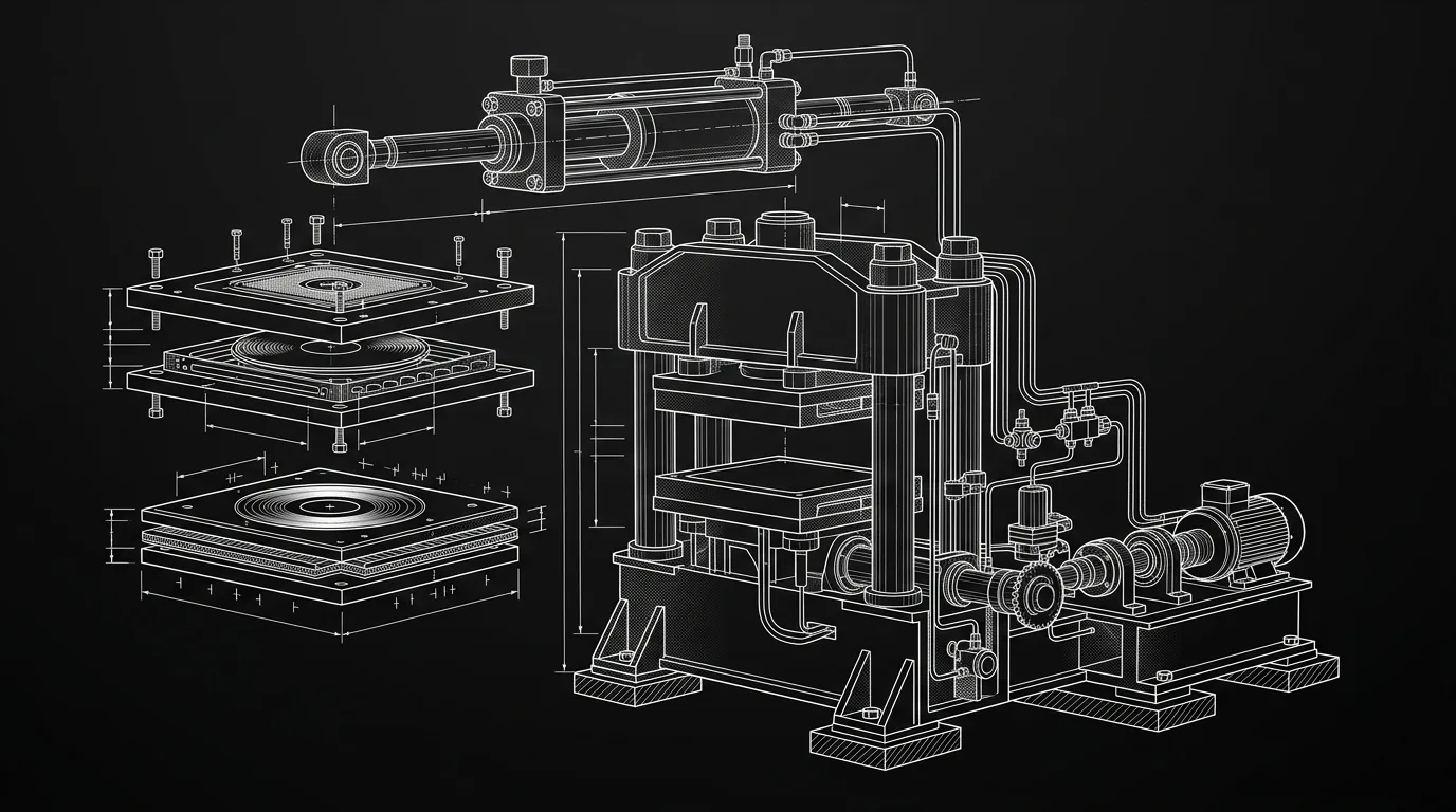 Engineering blueprint of an industrial vinyl record press