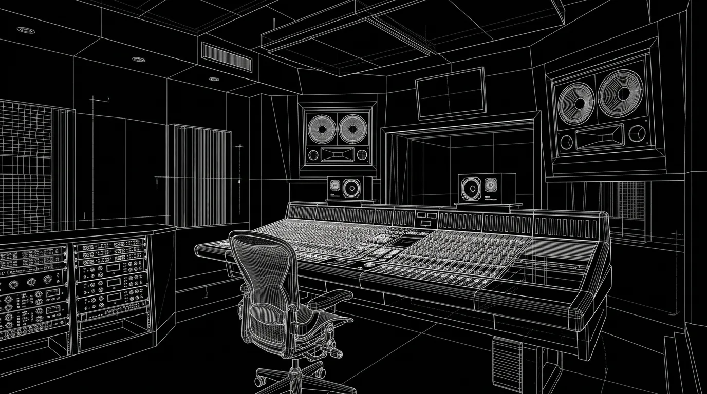 Wireframe blueprint of the PaperChase Records control room and mixing console